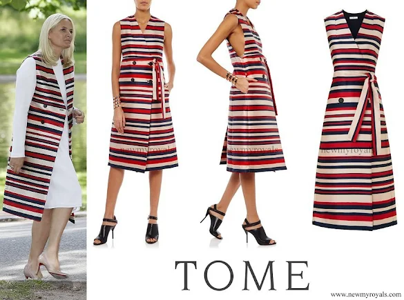 Crown Princess Mette-Marit wore TOME Satin Stripe Sleeveless Trench Coat