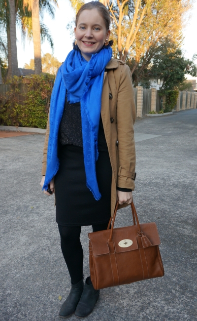 Away From Blue  Aussie Mum Style, Away From The Blue Jeans Rut: Winter  Office Wear: Louis Vuitton Bleu Monogram Shawl With Pencil Skirts And  Blazers