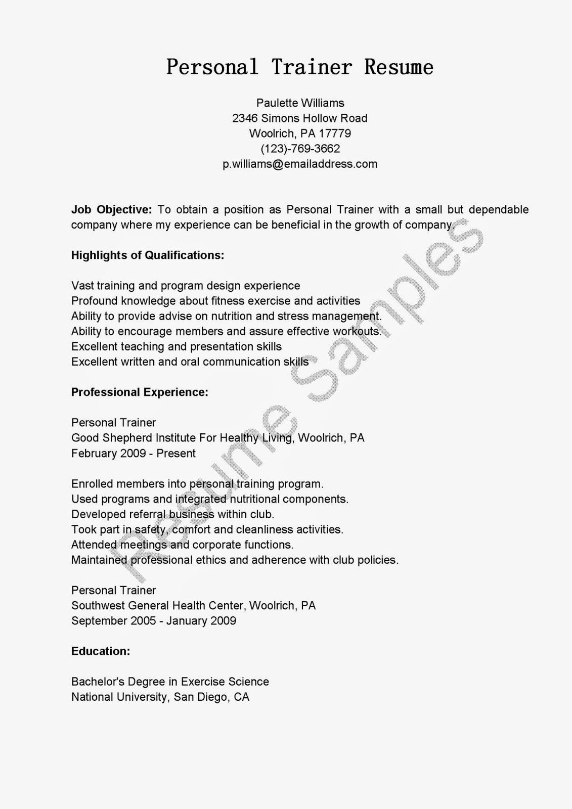 Resume Samples Personal Fitness - Personal Trainer Resume