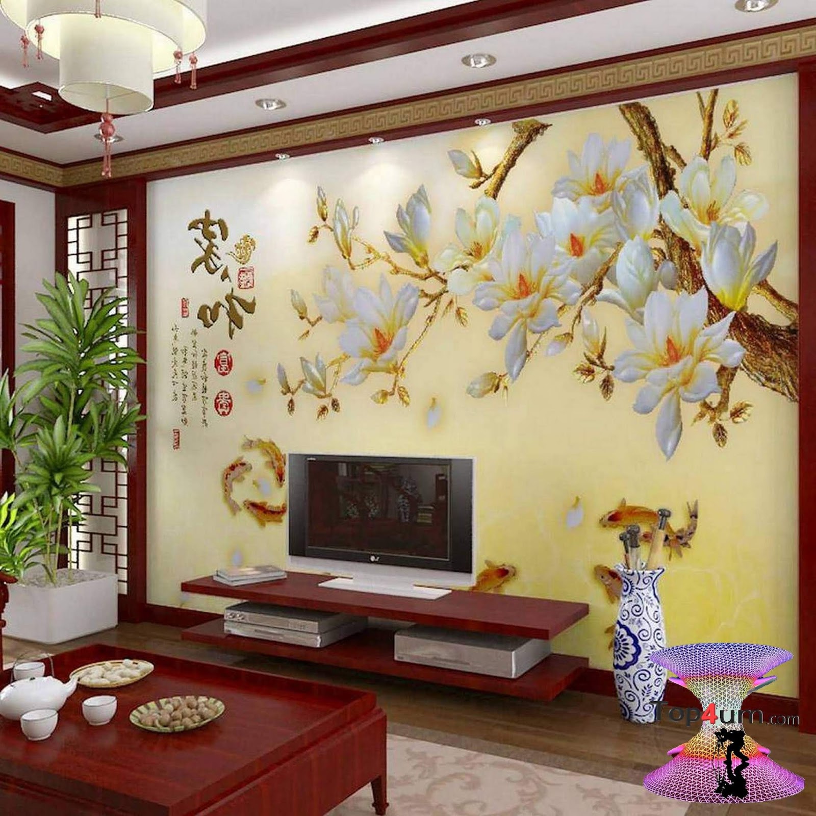 Можно увидеть на стене. Панно в интерьере. Панно на стене в гостиной. Роспись стен в гостиной. Японский стиль в интерьере.