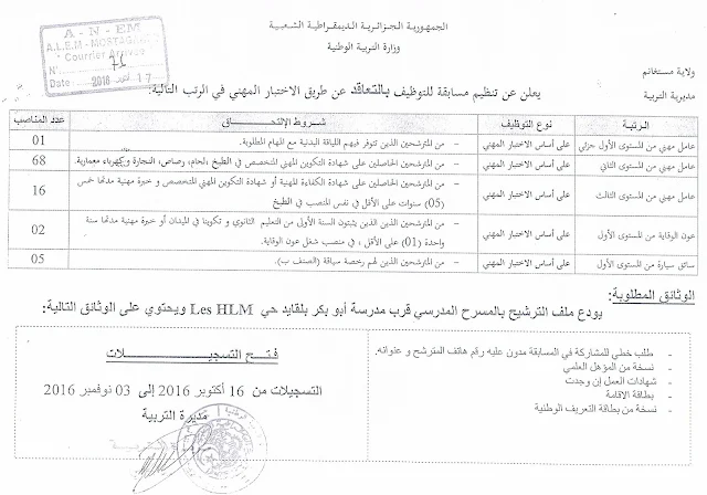  اعلان توظيف عمال مهنيين مديرية التربية لولاية مستغانم اكتوبر 2016 