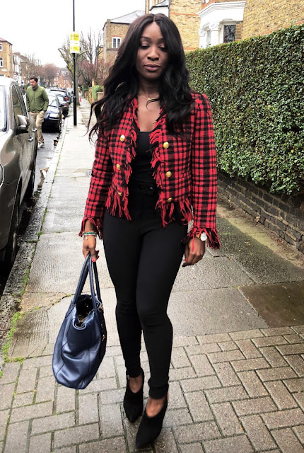 Red and black boucle tartan blazer