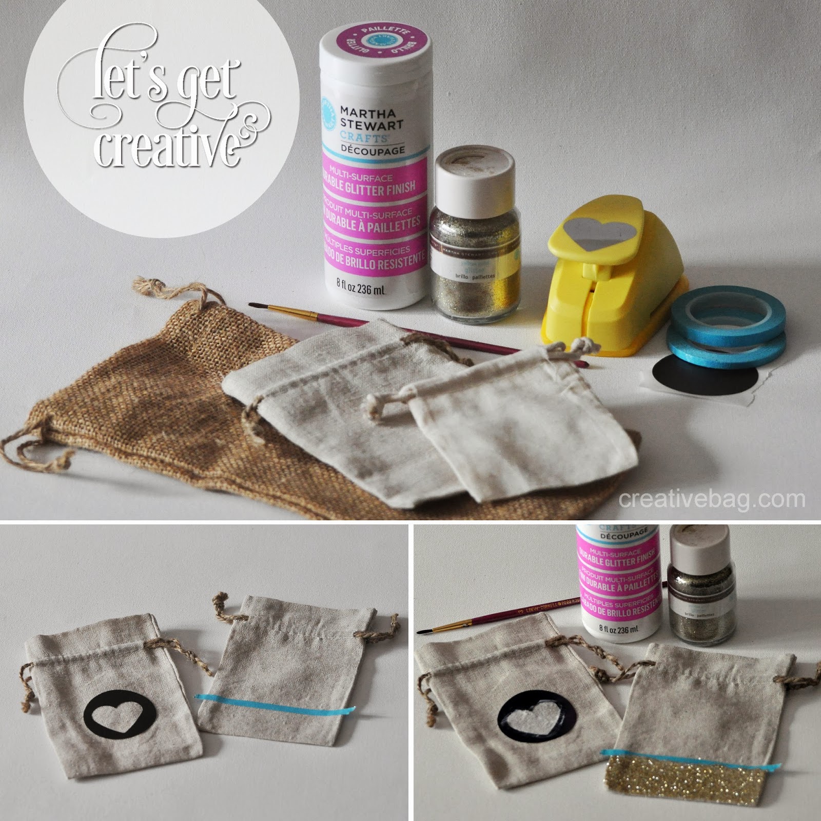 great inspiration and tutorial using Martha Stewart decoupage and glitter on fabric favor bags and more | creativebag.com