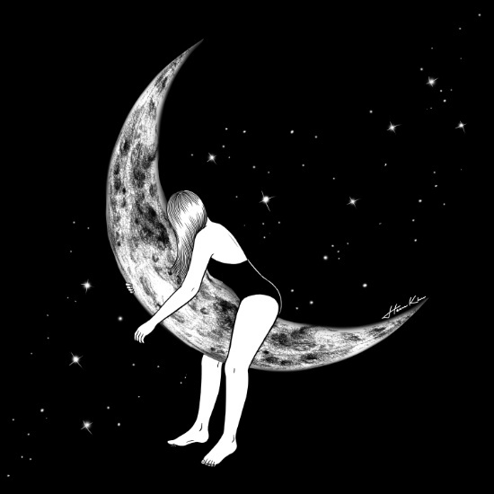 "Moon lover" by Henn Kim | imagenes bonitas, chidas, ilustraciones imaginativas en blanco y negro, dibujos hermosos de emociones y sentimientos, amor desamor | sketch, cool stuff, drawings, black and white illustrations, deep feelings