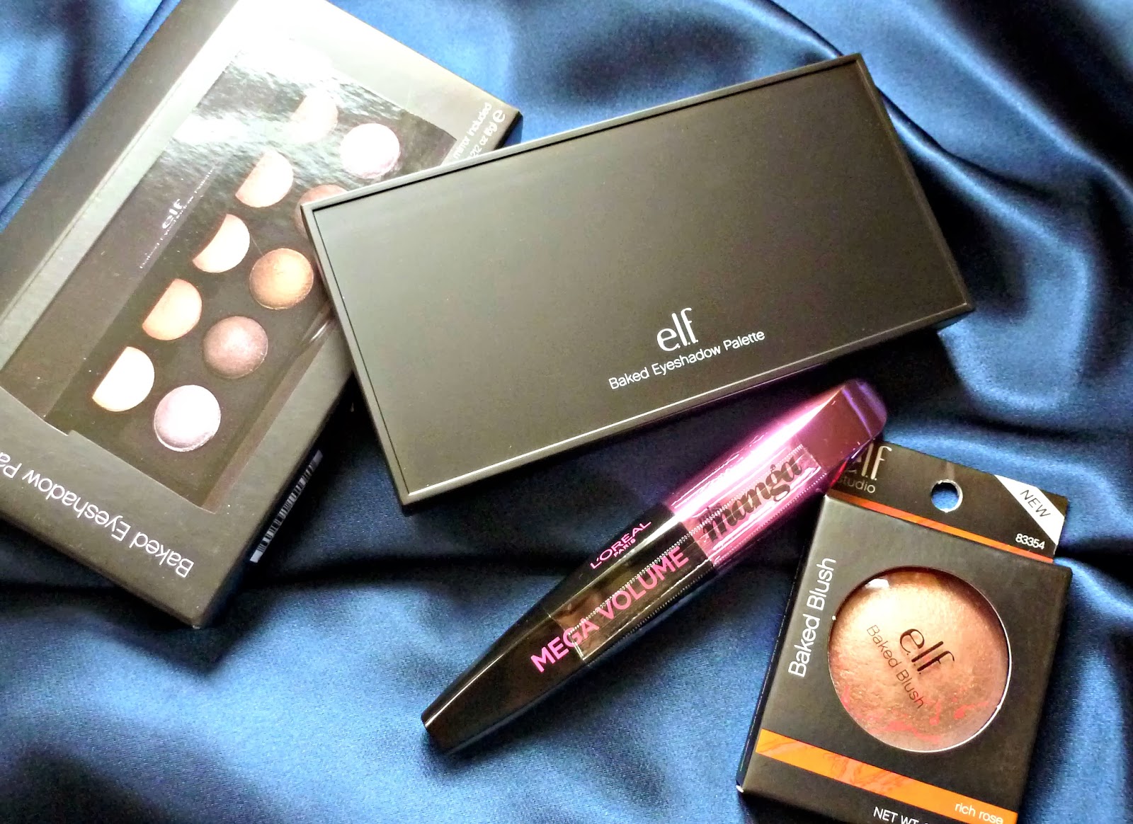 A picture of Elf Baked Eye-Shadow Palette, Baked Blush & L'Oreal Miss Manga Mascara