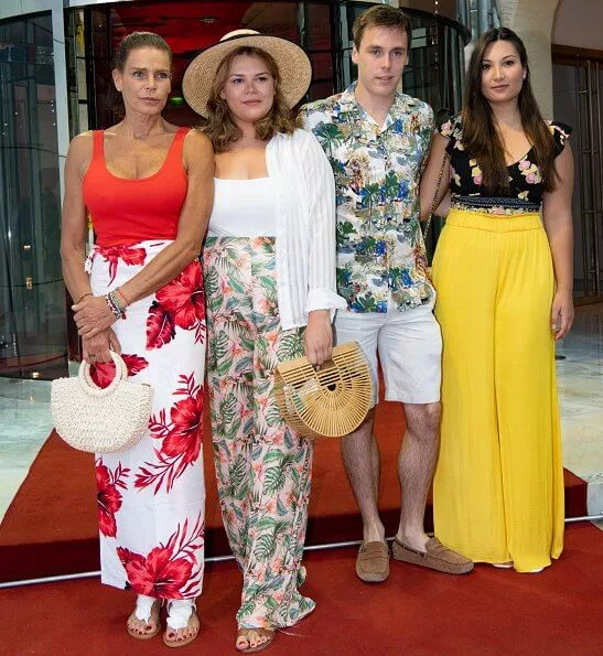 Princess Stephanie,Camille Gottlieb, Louis Ducruet and his fiancee Marie Chevallier. summer dress, floral skirt and shirt