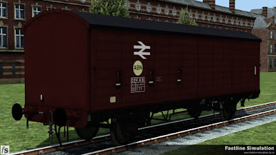 Fastline Simulation: A freshly constructed 46t van stands outside of the works in pristine freight brown livery accompanied by COV AB coding and the Air Brake Network yellow disk.