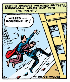 Action Comics (1938) #1 Page 13 Panel 6: Superman terrorizes corrupt Washington, DC lobbyist by jumping him off the top of the capitol building.