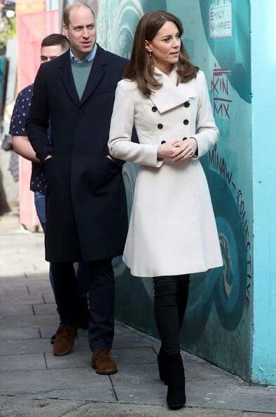 Kate Middleton wore Reiss Olivia double breasted coat, Equipment slim signature polka dot shirt, Russell and Bromley boots