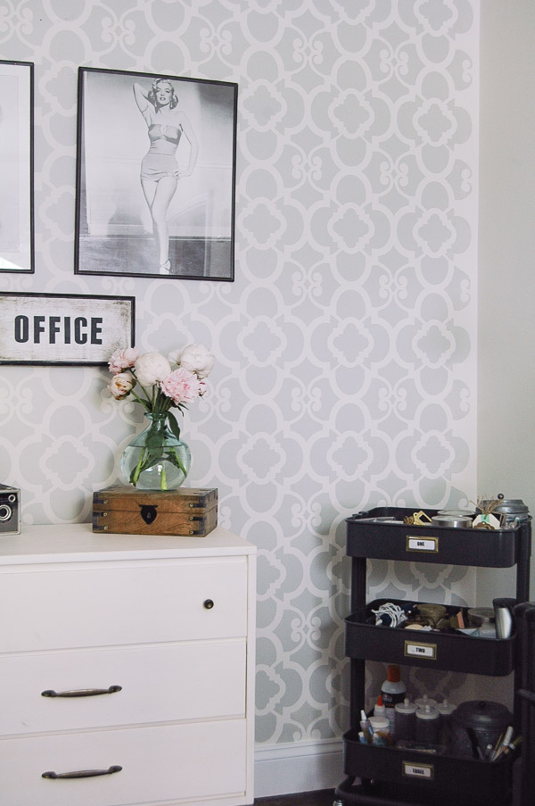 A boring office gets a minor facelift with a beautiful stenciled wall. - www.littlehouseoffour.com