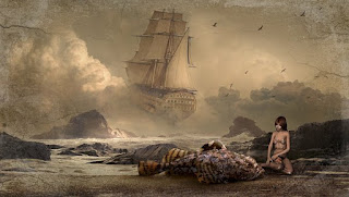No fundo, um navio enfrentando uma tempestade. À frente, uma mulher sentada, próxima a um grande peixe.