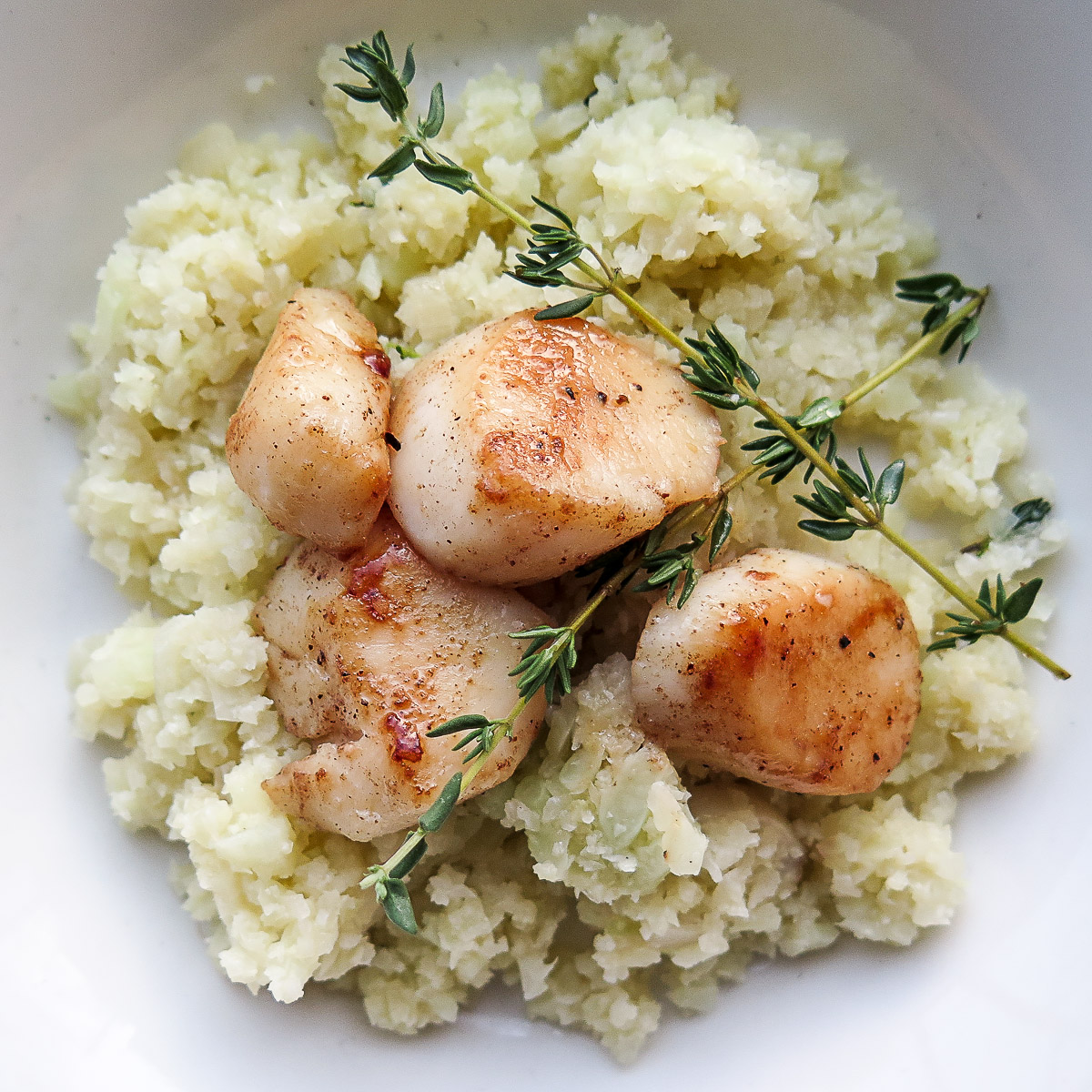 The Yum Yum Factor Brown Butter Scallops on Cauliflower "Risotto"