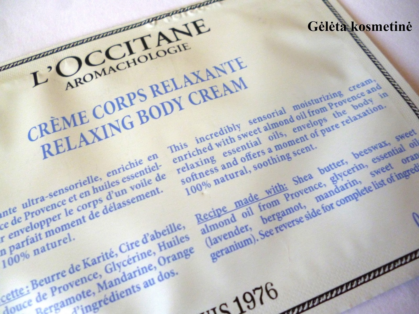 SAMPLE SIZE. L'OCCITANE Aromachologie relaxing body cream atpalaiduojamasis kūno kremas