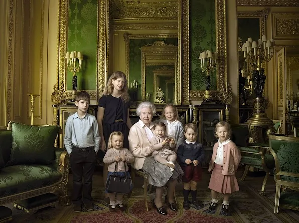 James, Viscount Severn, Lady Louise Alice Elizabeth Mary Mountbatten-Windsor, Mia Tindall, the Queen, Princess Charlotte, Savannah Phillips, Prince George and Isla Phillips.