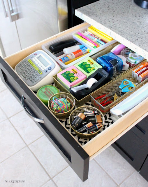 Metallic mesh bins to organize a junk drawer :: OrganizingMadeFun.com