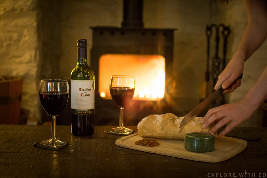 Wine and Bread by the log fire