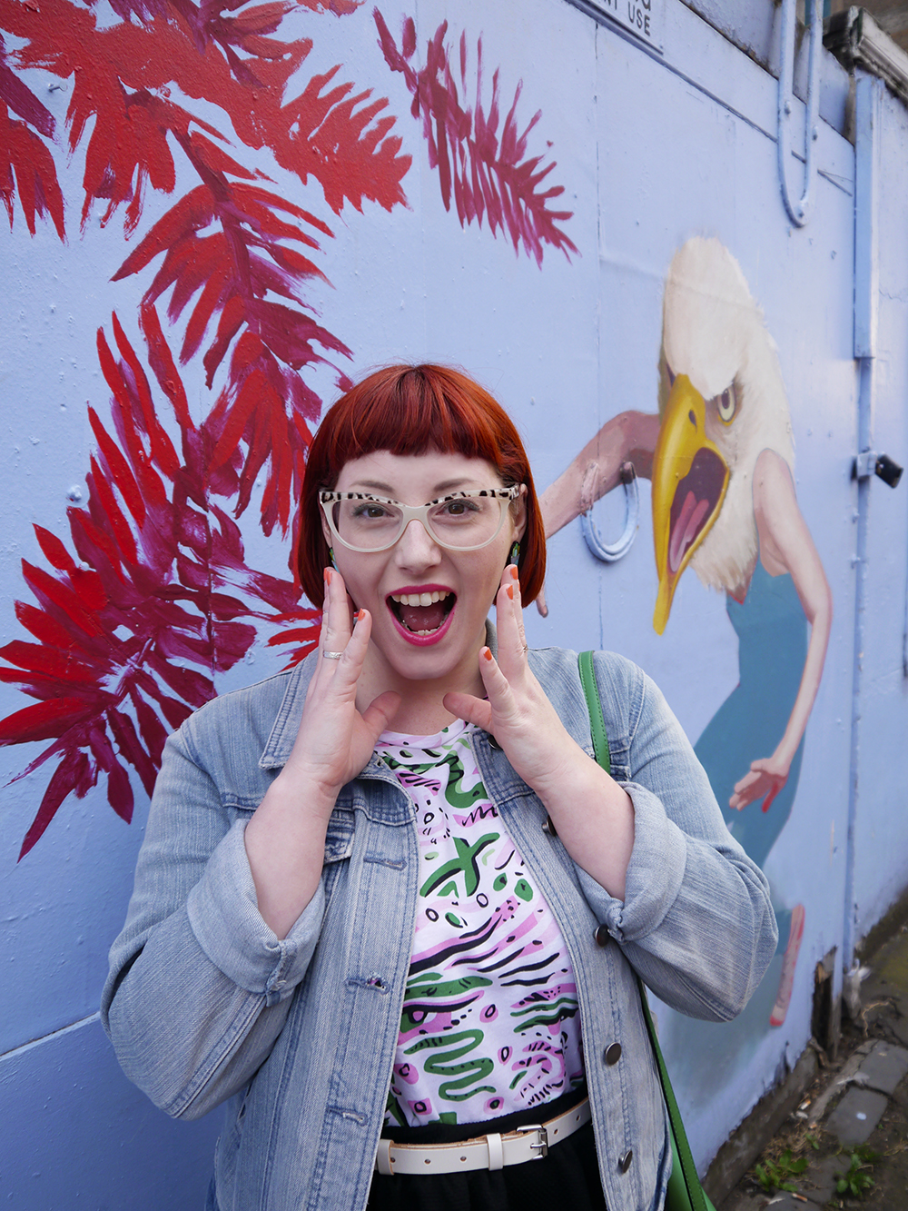 Edinburgh street art by Kirsty Whiten Wardrobe Conversations, styled by, Scottish Blogger, Edinburgh blogger, red hair, ginger bob, girl with glasses, Spex pistol glasses, Monki patterened tshirt, bright patterened tshirt, bright green handbag, black skater skirt, white lace up boots, Edinburgh street style, Jewellery club, cactus jewellery, cacti jewellery, plant jewellery, subscription box, jewellery subscription box, illustrated jewellery, denim jacket, Kirsty Whiten, Kirsty Whiten Street art, street art Edinburgh, House of Wonderland, #monkistyle