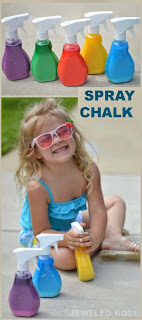 Spray Chalk- what a fun way for kids to make art this Summer!  Making the chalk takes seconds, and it easily washes off of the sidewalk and other outdoor surfaces. 