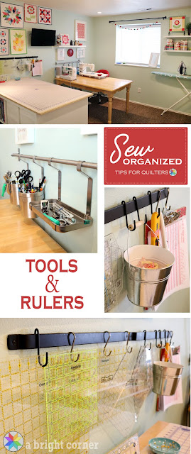 Sewing Room organization tips for storing tools and quilting rulers from A Bright Corner