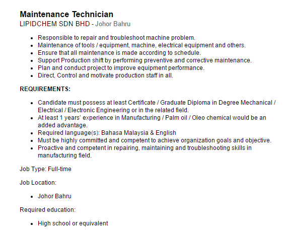 Oil Gas Vacancies Maintenance Technician Johor Bahru