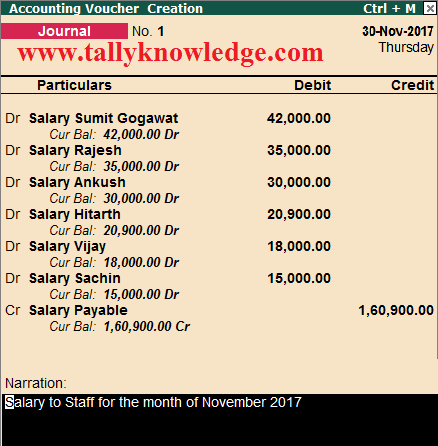 salary entry payable pass tally journal voucher example erp normal deduction without