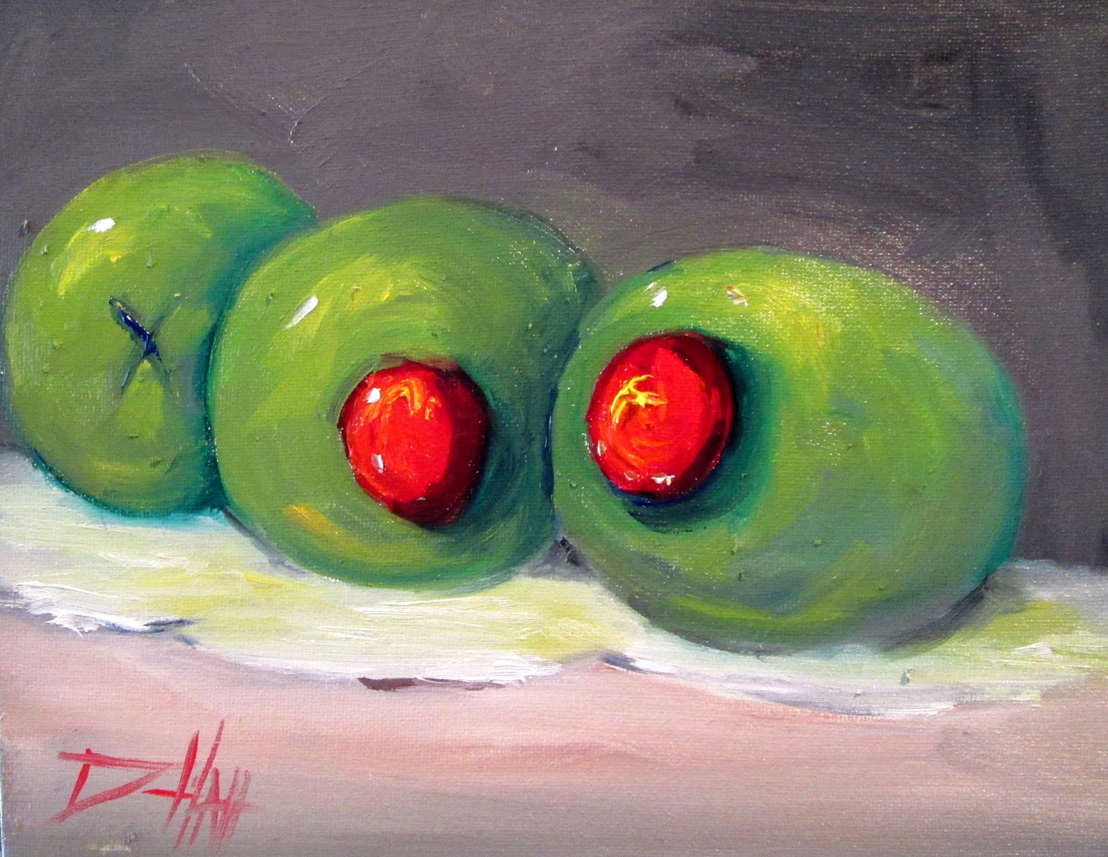 Three Olives still life painted in oils In the Studio with Delilah