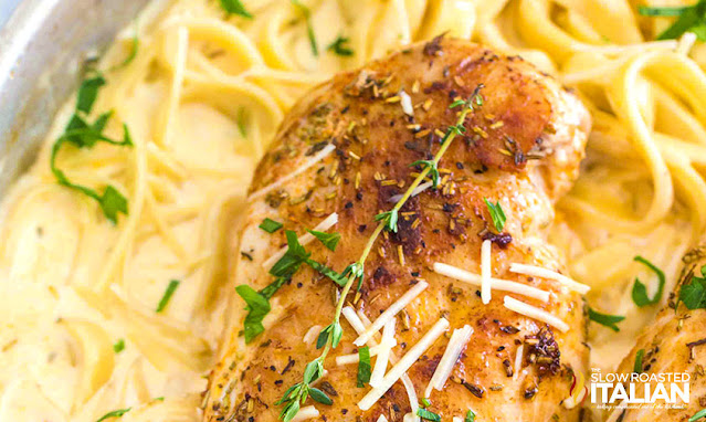 overhead photo: chicken pasta dinner garnished with Parmesan cheese