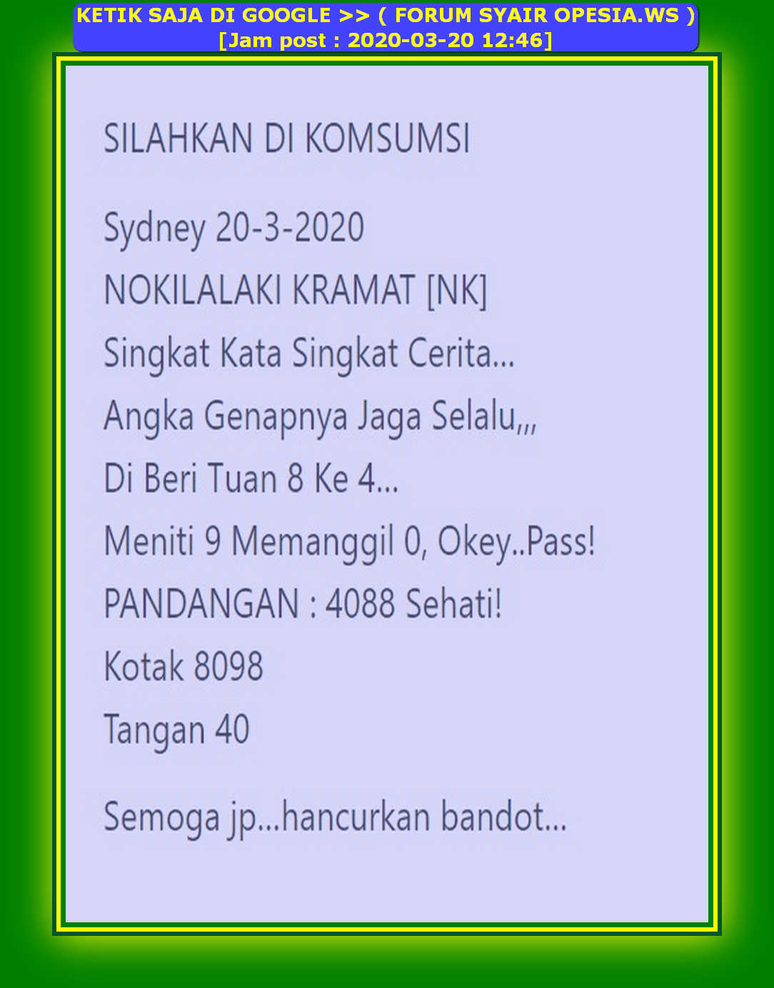 Kode Syair Sydney 20 Maret 2020 Forum Syair Togel Hongkong Singapura Sydney