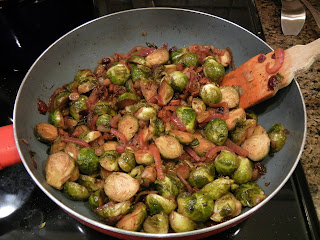 Brussel sprouts, purple onions and golden raisins!