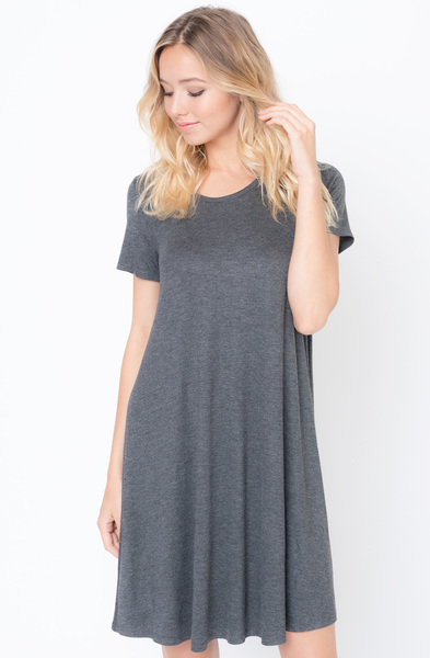 Shop for Charcoal Flared Tee Dress Scoop Neck and Short Sleeves On Caralase.com