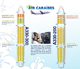 Plan Avion Airbus Air Caraibes Classe Madras. Classe madras 18 places spacieuses en tête d'avion, près de la cabine du pilote.