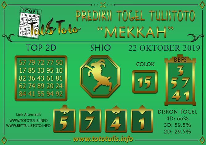 Prediksi Togel MEKKAH TULISTOTO 22 OKTOBER 2019