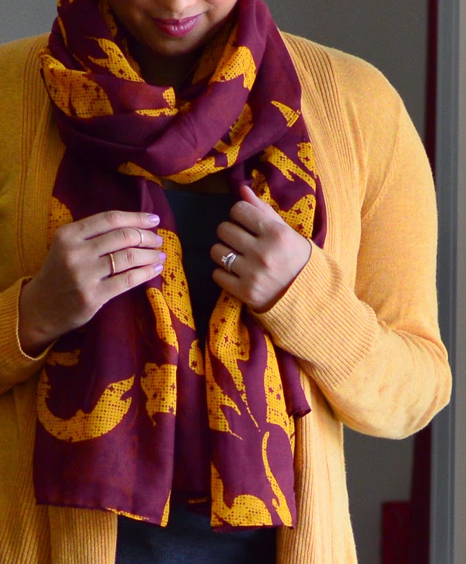 Cozy mustard sweater + patterned scarf + rings