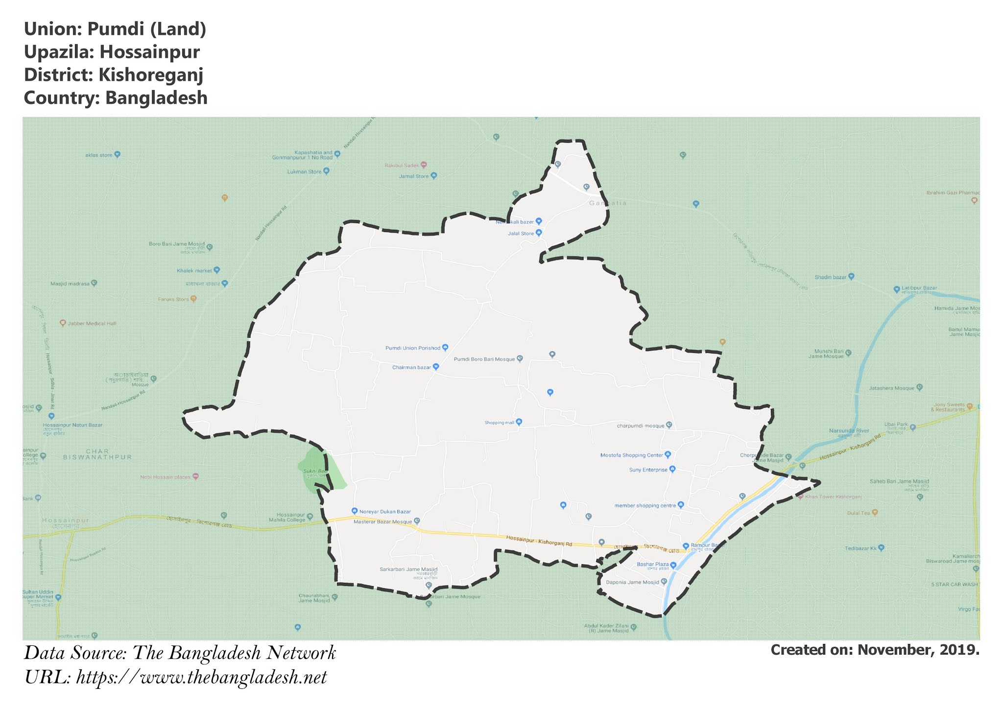 Map of Pumdi of Hossainpur Upazila Map of Pumdi of Kishoreganj, Bangladesh.