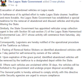 Lagos to start evacuating abandoned vehicles on Lagos roads come July 1