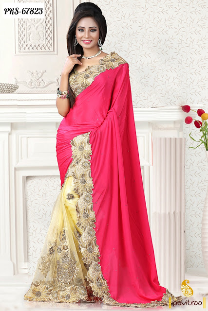 Buy Fancy Pink  Color Heavy Designer Party Wear Half Net Net Sarees Online Shopping Collection with Discount Offer Price Rate Cost at Pavitraa.in