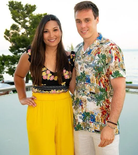 Princess Stephanie,Camille Gottlieb, Louis Ducruet and his fiancee Marie Chevallier. summer dress, floral skirt and shirt