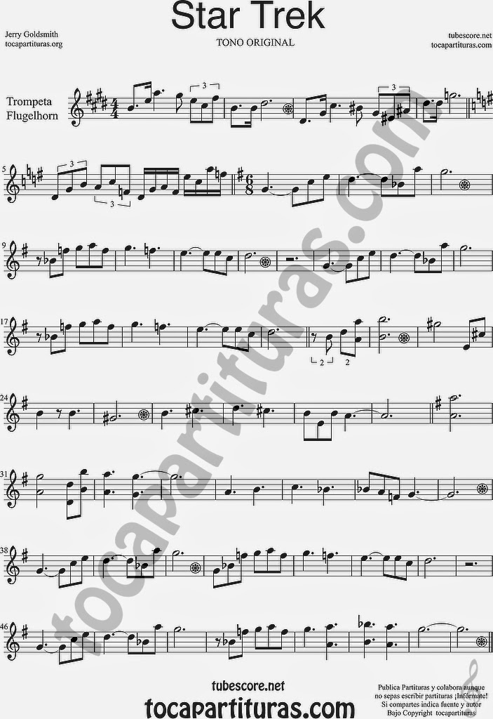 Star Trek Partitura de Trompeta y Fliscorno Sheet Music for Trumpet and Flugelhorn Music Scores Jerry Goldsmitsh TONO ORIGINAL