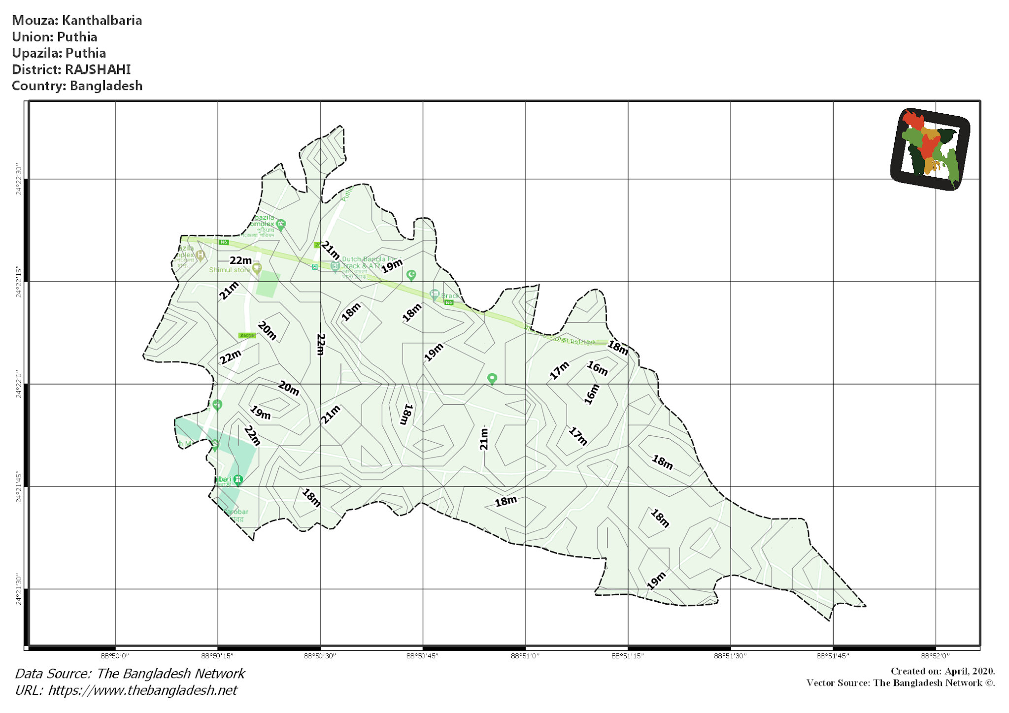 Map of Kanthalbaria Mouza of Puthia Upazila, RAJSHAHI, Bangladesh.