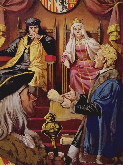 Christopher Columbus presenting to Queen Isabella and king Ferdinand