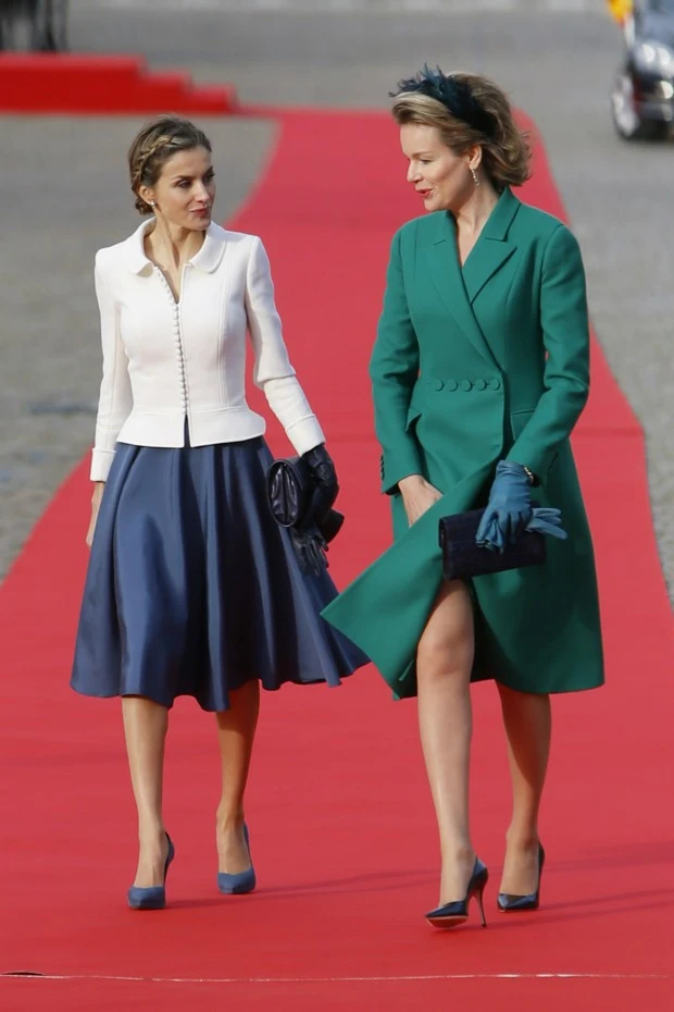 Queen Letizia of Spain is welcomed by Belgium's Queen Mathilde