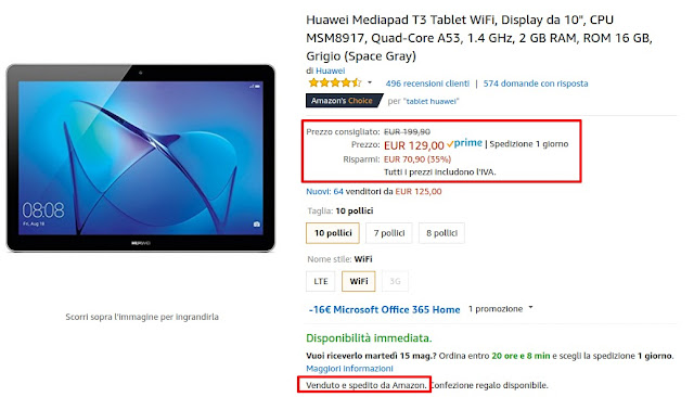 Offerta Amazon: Huawei Mediapad T3 10 WiFi a 129 euro venduto e spedito da Amazon