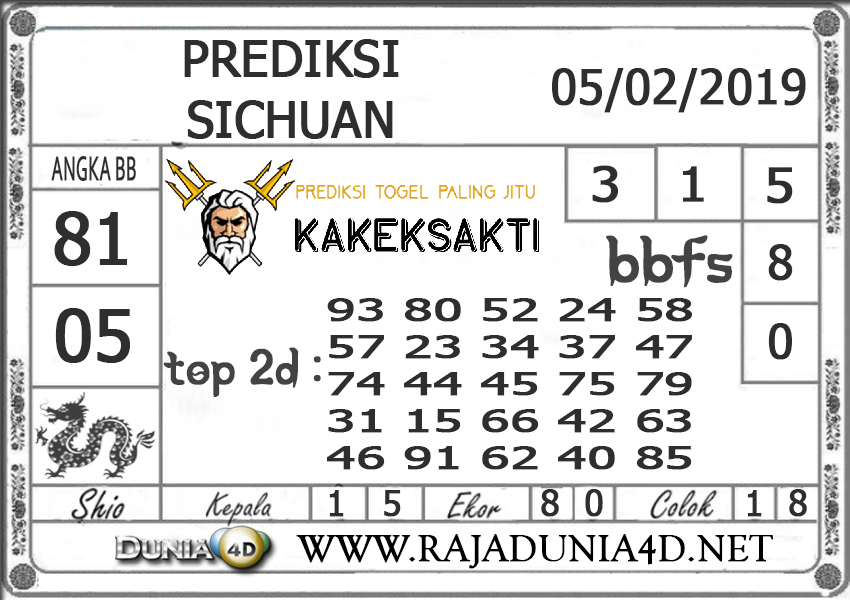 Prediksi Togel SICHUAN DUNIA4D 05 FEBRUARI 2019