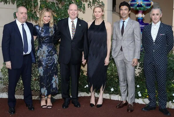 Golden Nymph Award Michael Douglas. Princess Charlene is wearing Carolina Herrera dress. Maria Carolina, Princess Camilla and Maria Chiara