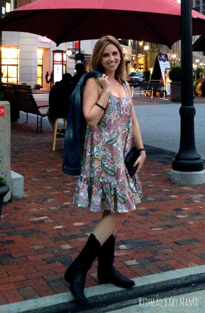 Summer to fall transition look with paisley trapeze dress and Lucchese cowboy boots
