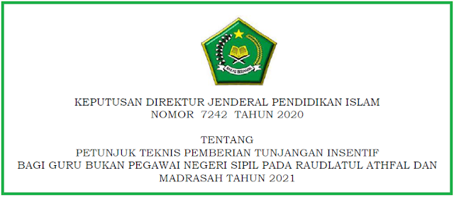 Jurnis Tunjangan Insentif Guru Bukan PNS RA dan Madrasah Tahun 2021. Jurnis Tunjangan Guru Honorer Tahun 2021 PETUNJUK TEKNIS PELAKSANAAN PEMBERIAN TUNJANGAN INSENTIF BAGI GURU BUKAN PEGAWAI NEGERI SIPIL PADA RAUDLATUL ATHFAL DAN MADRASAH TAHUN 2021