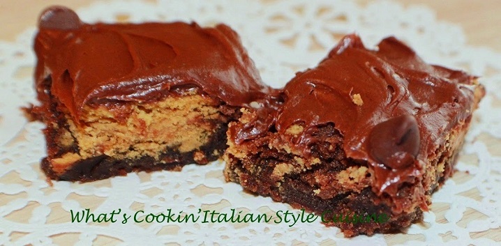 these are a boxed brownie mix turned into a gourmet brownie. These semi homemade brownies are stuffed with nutter butter cookies baked then frosted with canned chocolate frosting. These are easy fast and simple brownies stuffed with a favorite childhood cookie on a white doilies 