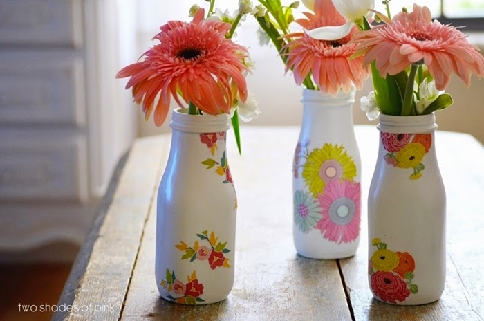 Two Shades of Pink: Decoupage and Painted Milk Bottles