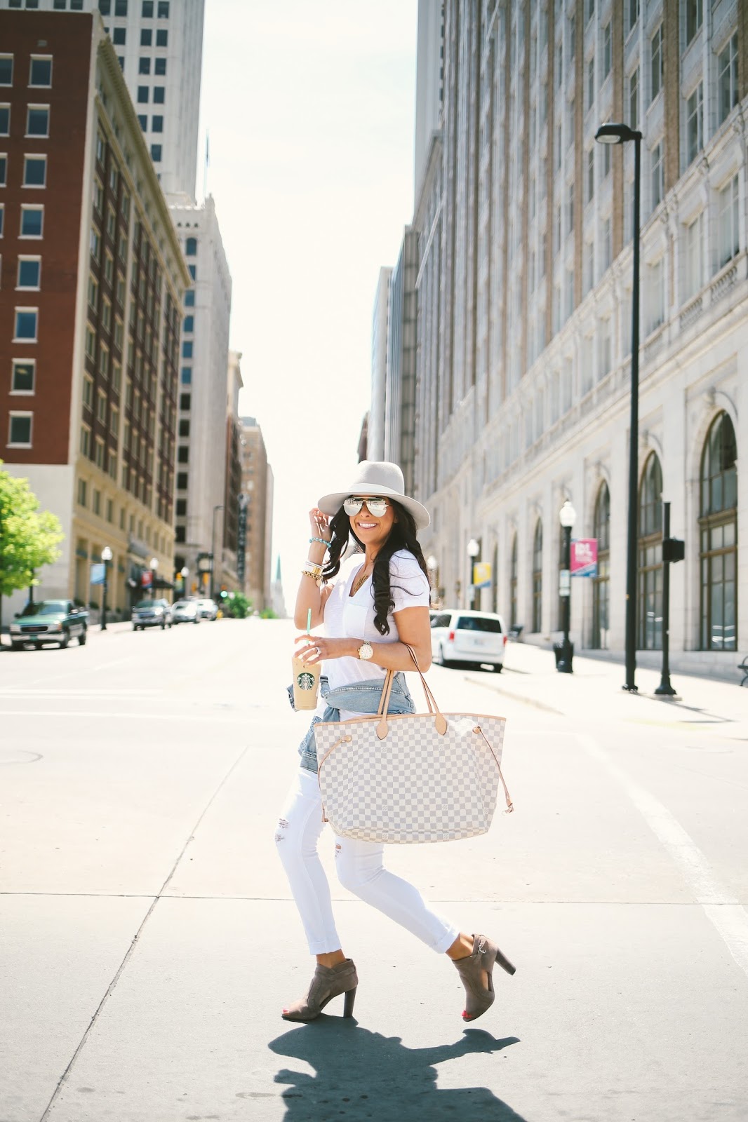all white outfits for spring and summer, louis vuitton neverful damier azur, j brand white distressed denim, white tee made well, janessa leone grey hat, summer fashion pinterest, spring fashion pinterest, outfit idea summer pinterest, tulsa fashion blogger, downtown tulsa, vince camuto conley bootie, michele Serein watch 18mm, david yurman bracelet stack, emily gemma, the sweetest thing blog, celine mirrored aviators
