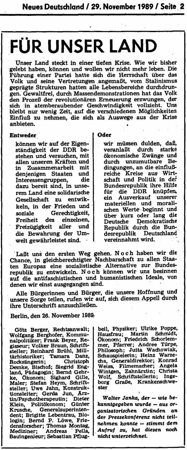 1 Euro Blog Aufruf Fur Unser Land Novemer 1989